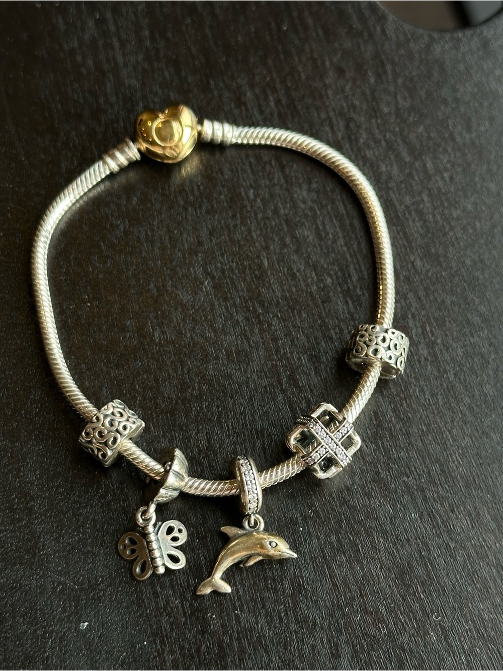 Pandora Silver Charm Bracelet Gold Plated Heart Clasp Dolphin Butterfly